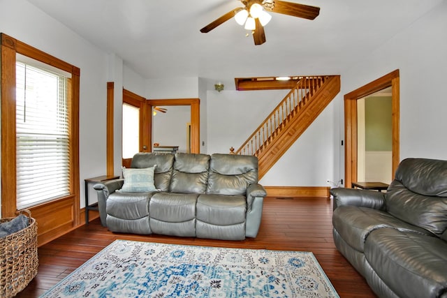 1349 Hills Creek Rd, Wellsboro, PA 16901 - living area featuring ceiling fan, stairs, hardwood / wood-style flooring, and baseboards