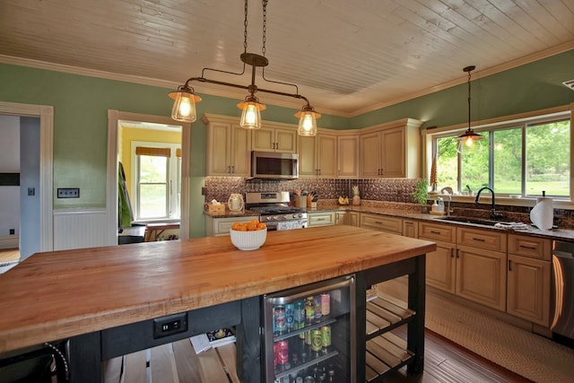 1349 Hills Creek Rd, Wellsboro, PA 16901 - kitchen with appliances with stainless steel finishes, butcher block counters, beverage cooler, a sink, and wainscoting