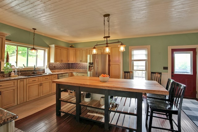 1349 Hills Creek Rd, Wellsboro, PA 16901 - kitchen featuring stainless steel fridge with ice dispenser, a sink, healthy amount of natural light, light brown cabinets, and ornamental molding