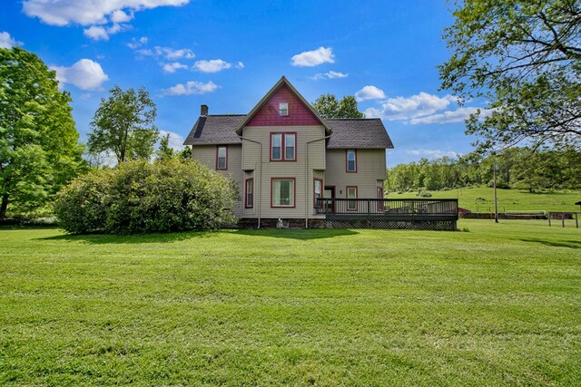 1349 Hills Creek Rd, Wellsboro, PA 16901 - rear view of property with a deck, a lawn, a chimney, and roof with shingles