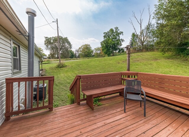 wooden deck featuring central AC unit and a lawn