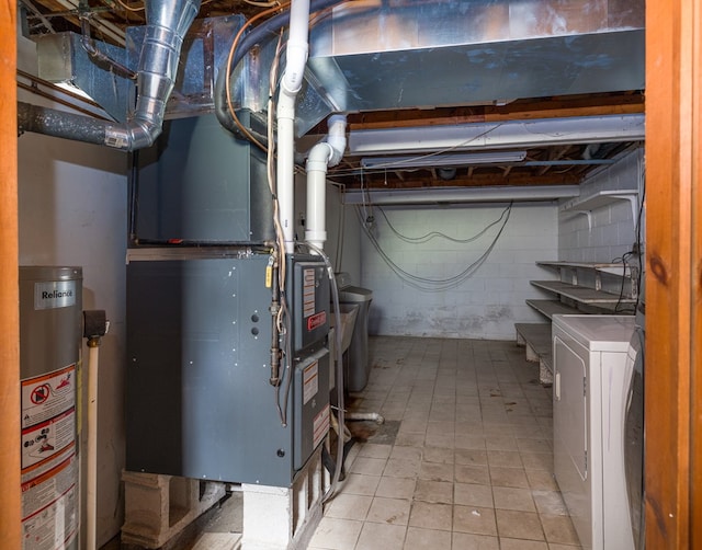 utility room featuring washer / dryer, gas water heater, and heating unit