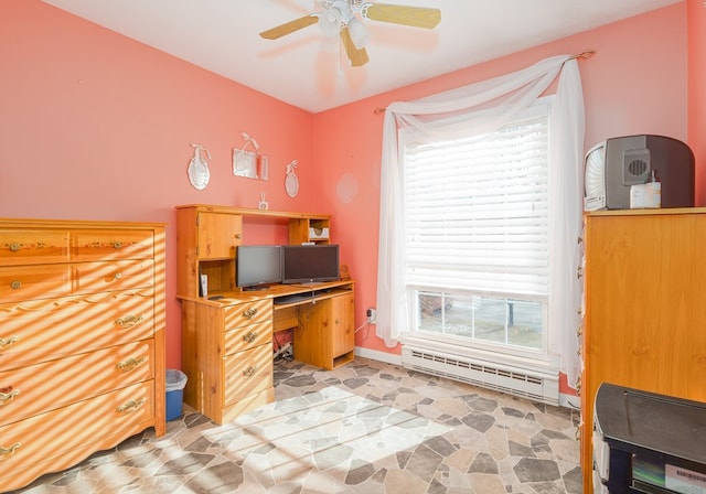 office space featuring ceiling fan and baseboard heating