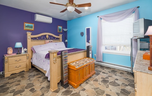 bedroom with ceiling fan, a baseboard heating unit, and a wall unit AC