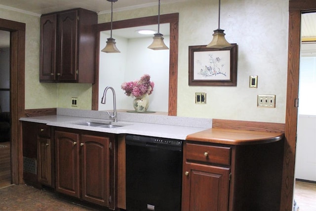 kitchen with dishwasher, ornamental molding, decorative light fixtures, light countertops, and a sink