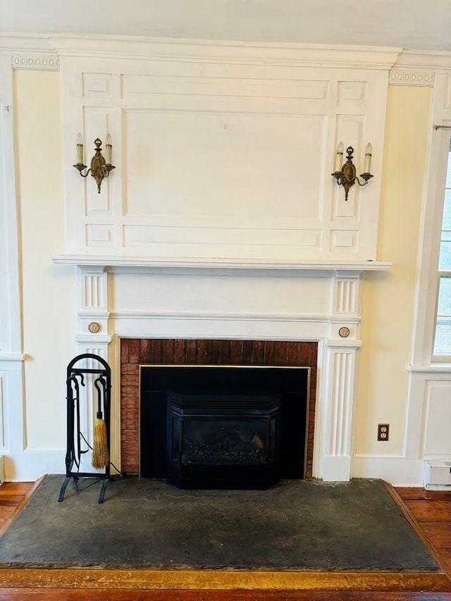 details with a brick fireplace