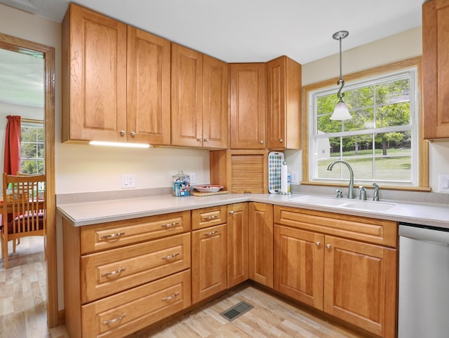 1817 Cotton Hollow Rd, Athens, PA 18810 - kitchen featuring stainless steel dishwasher, a sink, light wood-type flooring, decorative light fixtures, and light countertops