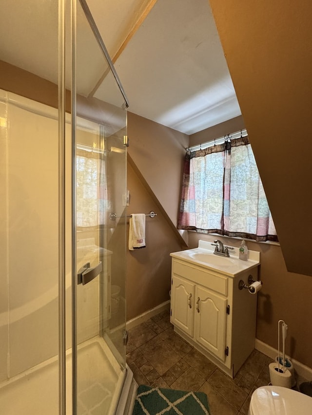 66 Benton St, Port Allegany, PA 16743 - bathroom with a shower stall, vanity, and tile patterned flooring