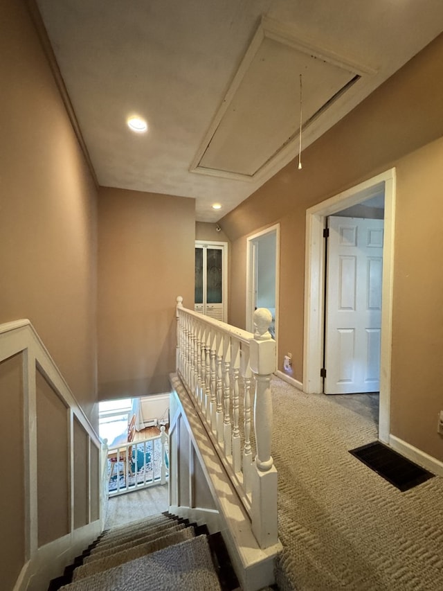 66 Benton St, Port Allegany, PA 16743 - staircase featuring attic access, recessed lighting, and carpet