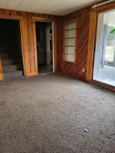 carpeted empty room featuring wood walls