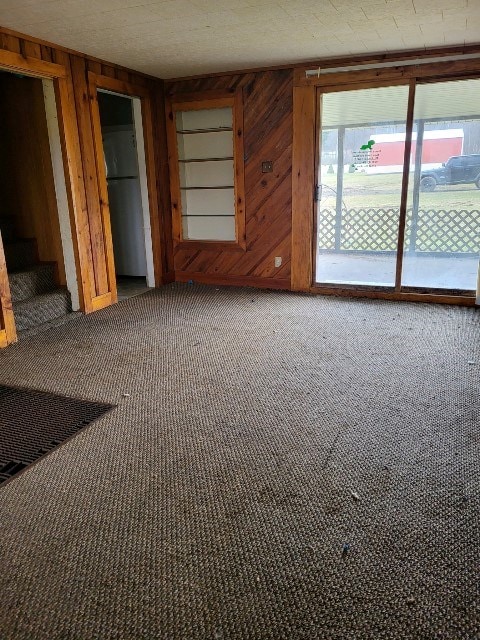 spare room featuring built in shelves, wood walls, and carpet