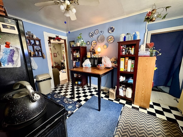 office space with ornamental molding, a ceiling fan, and tile patterned floors