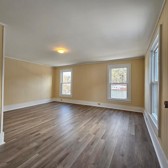 empty room featuring ornamental molding and dark hardwood / wood-style floors