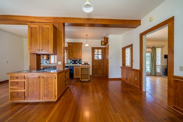 kitchen featuring pendant lighting, dark hardwood / wood-style flooring, black dishwasher, and tasteful backsplash