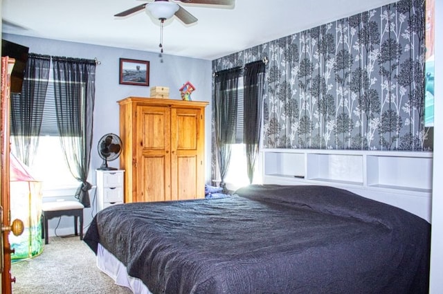 bedroom featuring carpet flooring and ceiling fan