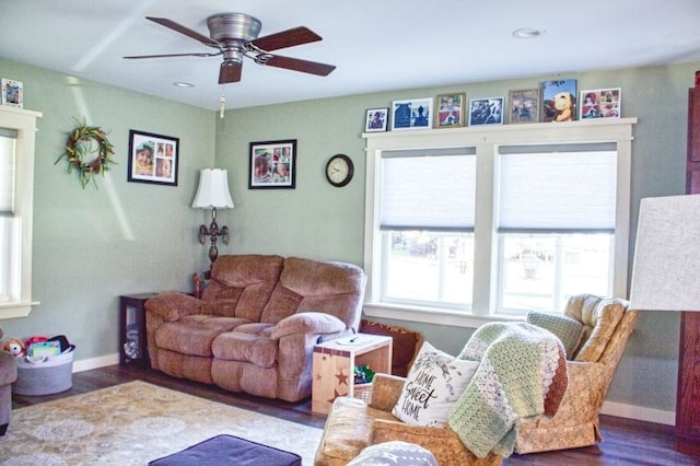 living room with ceiling fan and wood-type flooring