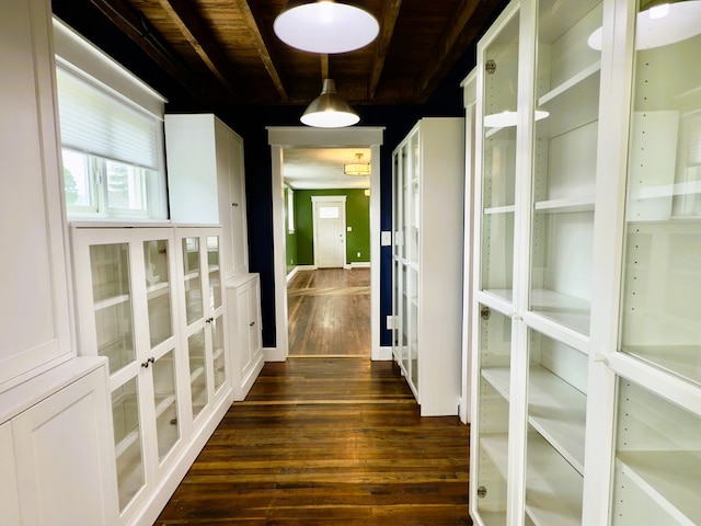 113 1st St, Shinglehouse, PA 16748 - hall with wood ceiling with exposed beams and dark wood-style flooring