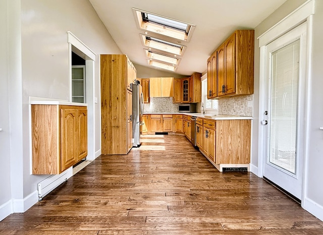 113 1st St, Shinglehouse, PA 16748 - kitchen featuring stainless steel appliances, vaulted ceiling, a skylight, tasteful backsplash, and dark wood finished floors