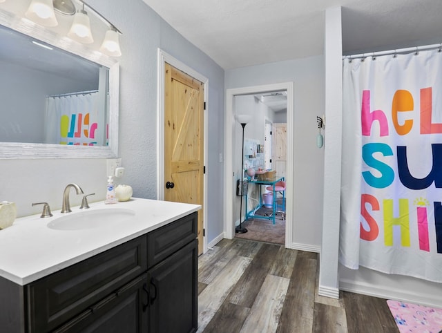 17899 Rte 6, Towanda, PA 18848 - bathroom with vanity, wood finished floors, a shower with shower curtain, and baseboards