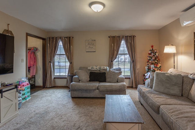 living room with carpet and a wall unit AC