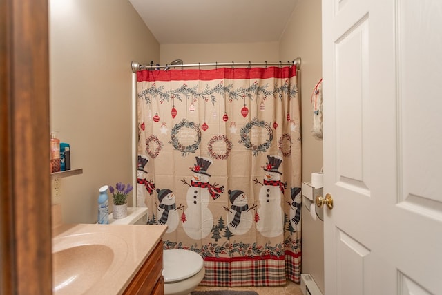 bathroom featuring curtained shower, vanity, a baseboard radiator, and toilet