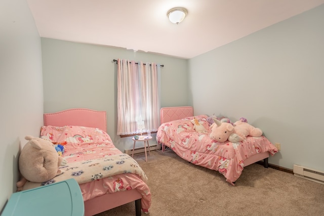 carpeted bedroom featuring baseboard heating