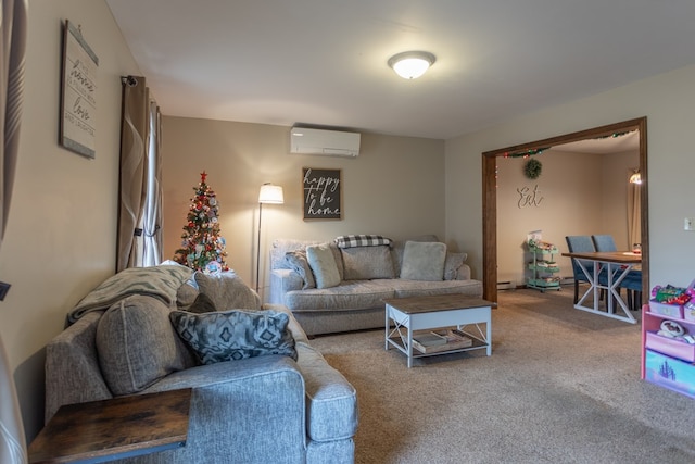 carpeted living room featuring a wall unit AC