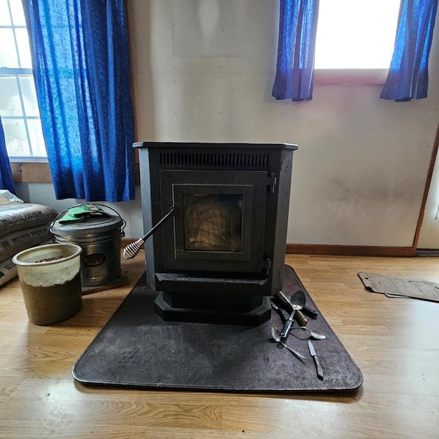 details with wood-type flooring and a wood stove