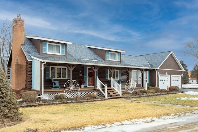 view of front of house featuring a garage, a front lawn, and covered porch