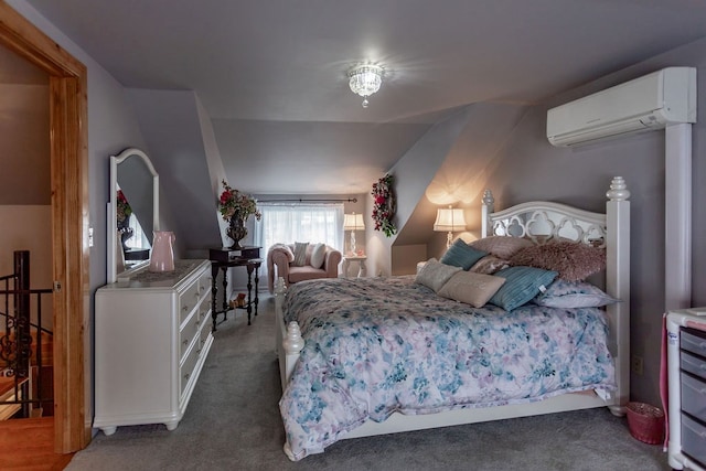 bedroom featuring vaulted ceiling, a wall unit AC, and dark colored carpet