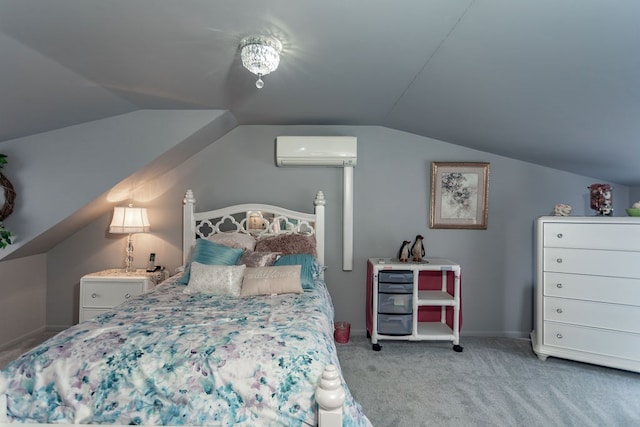 carpeted bedroom with lofted ceiling and a wall mounted air conditioner