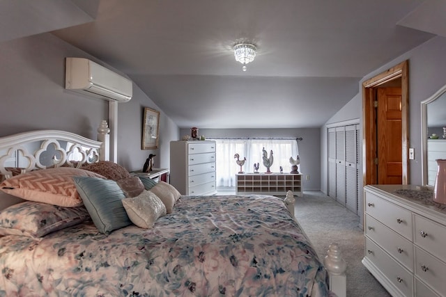 bedroom with lofted ceiling, an AC wall unit, carpet, and a closet