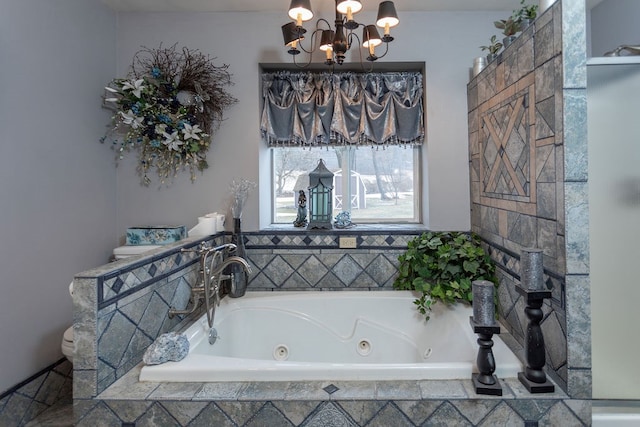 bathroom featuring a relaxing tiled tub and a chandelier