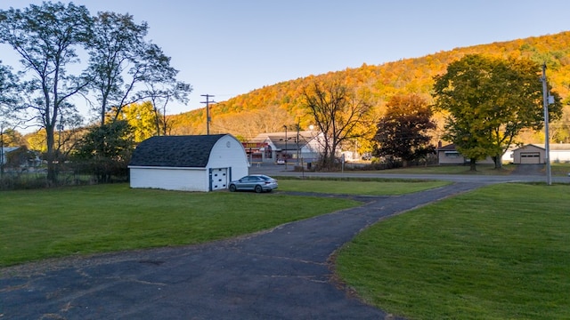 view of yard featuring a mountain view and a storage unit