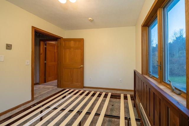 hallway with carpet floors and a textured ceiling