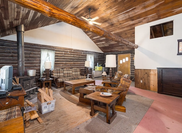 169 Horton Hollow Ln, Tioga, PA 16946 - living area with high vaulted ceiling, wooden ceiling, beam ceiling, a ceiling fan, and log walls