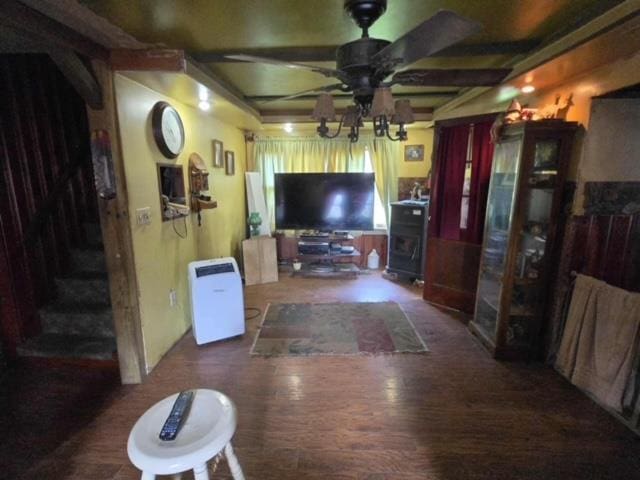 79 Back St, Millerton, PA 16936 - living room with ceiling fan, wood finished floors, and beamed ceiling