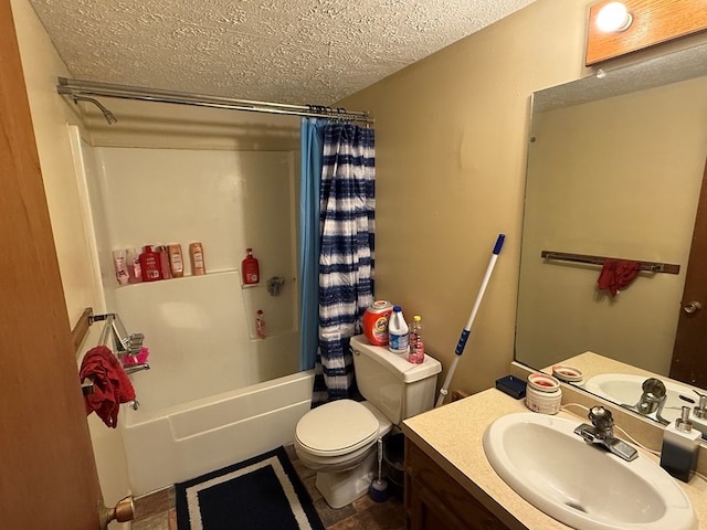 full bathroom featuring vanity, a textured ceiling, toilet, and shower / bath combo with shower curtain