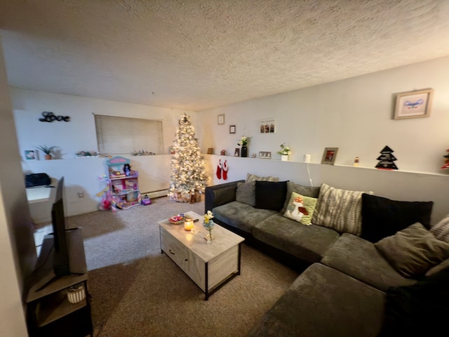 living room featuring carpet flooring, a baseboard radiator, and a textured ceiling