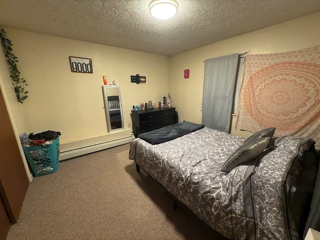 bedroom featuring carpet flooring, a textured ceiling, and a baseboard radiator