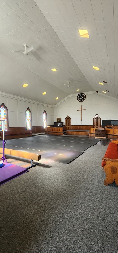 rec room featuring carpet flooring, ceiling fan, lofted ceiling, and crown molding