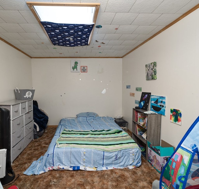 carpeted bedroom featuring ornamental molding