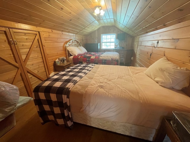 16 Quarry Ln, Galeton, PA 16922 - bedroom featuring wooden ceiling, wood walls, wood finished floors, and lofted ceiling