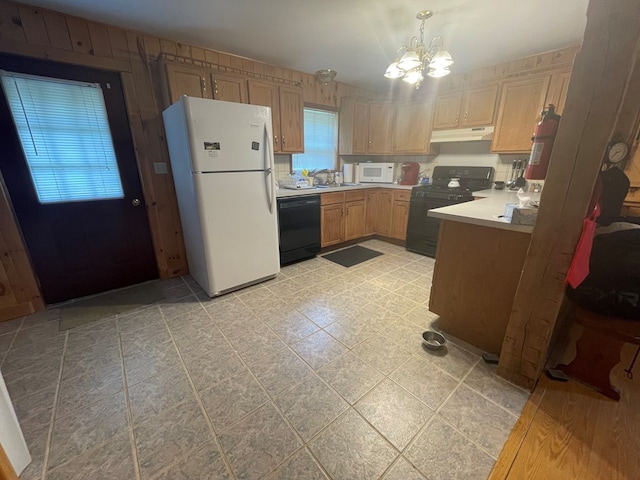 16 Quarry Ln, Galeton, PA 16922 - kitchen with light countertops, black appliances, a chandelier, and under cabinet range hood