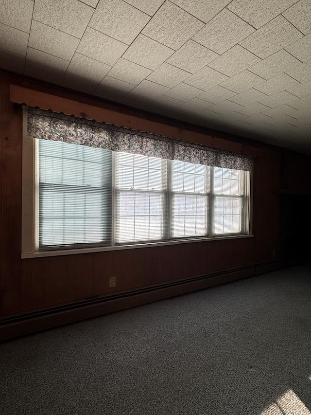 carpeted spare room featuring a baseboard radiator and wooden walls