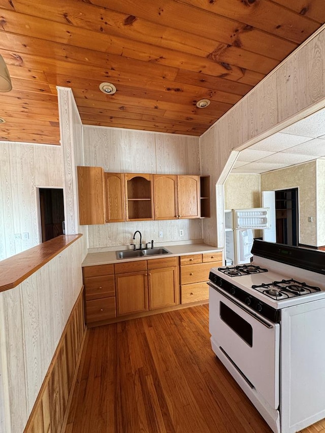 kitchen featuring sink, wood walls, white gas range oven, and light hardwood / wood-style flooring