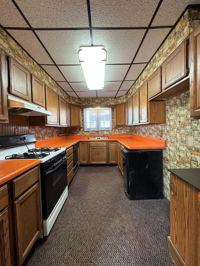 kitchen with dishwasher, a paneled ceiling, gas stove, dark colored carpet, and sink