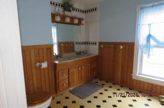 bathroom featuring a wealth of natural light, vanity, wood walls, and toilet