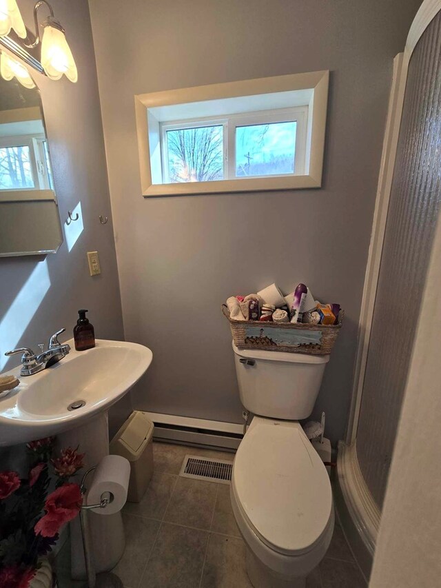 bathroom featuring tile patterned flooring, visible vents, toilet, and a baseboard radiator