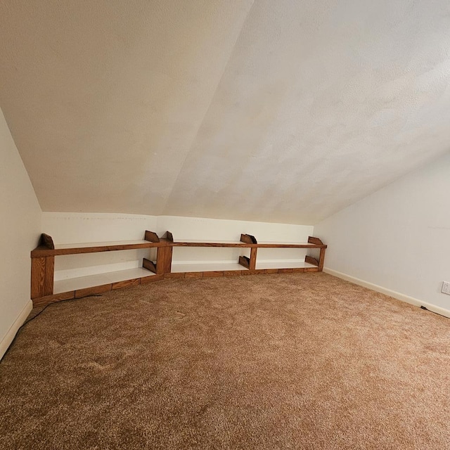 additional living space with lofted ceiling, carpet, and a textured ceiling